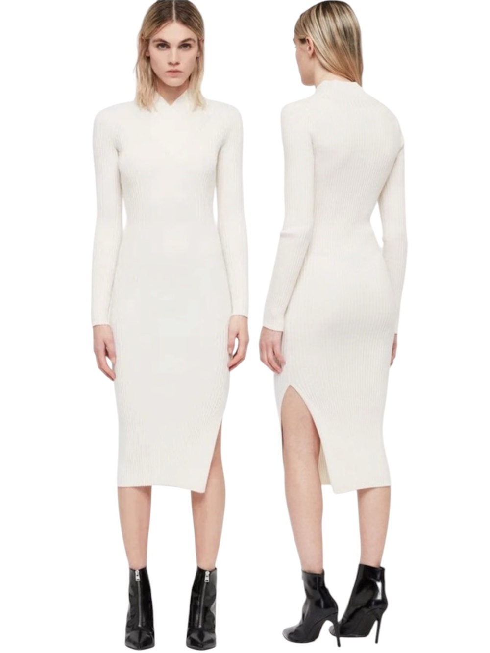 All Saints Cream Vries Ribbed Long Sleeve Merino Wool Midi Dress Side Slit Sz M